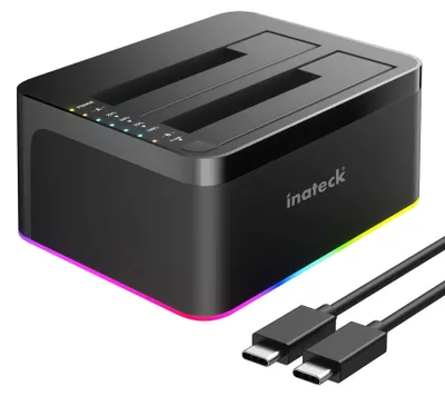 Produktbild von Inateck RGB USB 3.0 USB-C Port Festplatten Dockingstation mit Offline-Klonen, für 2,5/3,5 Zoll SATA HDDs und SSDs, 2 x 20TB Dual Bay Docking Station, UASP unterstützt, SA02003C