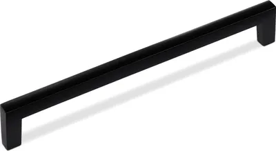 A black cabinet handle is shown against a white background.