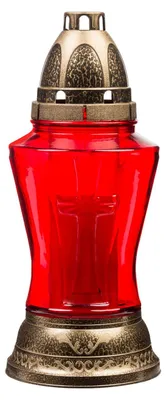Produktbild von Grablicht-Glas mit Kreuz-Motiv und Kerze, rot, Höhe 25 cm, Brenndauer 24 h
