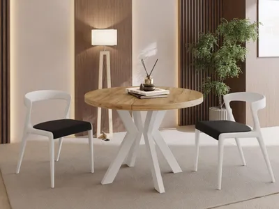Produktbild von Runder Esstisch Ausziehbar 80-130 cm – Verlängerbar, für 4-6 Personen mit Weißen Holzbeinen – Tisch für Wohnzimmer & Esszimmer in Eiche Braun