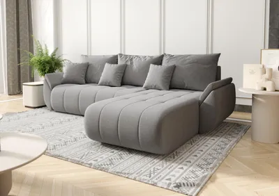 Image de Canapé d'angle avec fonction sommeil et coffre de lit TOKYO, tissu WIND, gris sable, droite