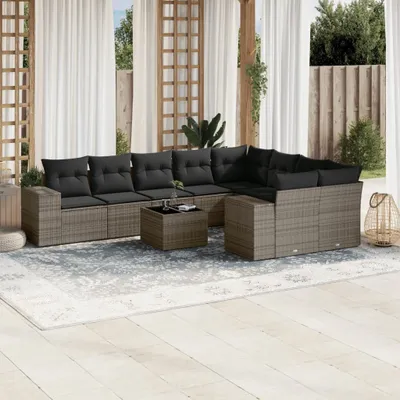 Produktbild von Design 10-tlg. Garten-Sofagarnitur mit Kissen Grau Poly Rattan, Gartenmöbel-Sets 2024 Neu