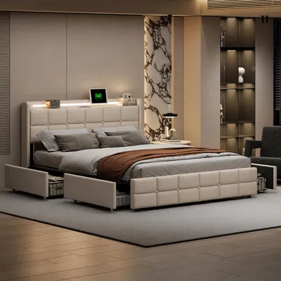 Produktbild von ProximaX Polsterbett 140x190 cm beige mit 4 Schubladen, LED-Kopfteil und USB