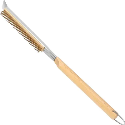 Produktbild von Pizzaofenbürste mit Edelstahl-Steinschaber - Messingborsten - Holzgriff - Ring zum Aufhängen - Outdoor-Pizzaofen-Zubehör - kompatibel mit Ooni, Gozney, Blackstone, Solo-Herdöfen, 53,3 cm