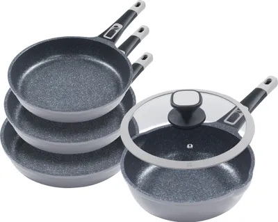 Produktbild von 5tlg. Profi-Bratpfannenset »Moonscape 4er« GRAU Bratpfannen flach (Ø20cm Ø24cm Ø28cm) + Bratpfanne tief (Ø24cm) mit Glasdeckel
