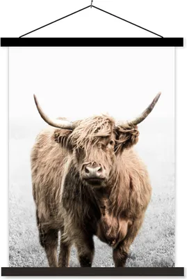 Produktbild von MuchoWow® Textilposter Schottisches Hochlandrind - Tiere - Hörner 60x80 cm mit schwarzem Rahmen - Plakathalter