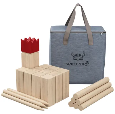 Produktbild von WELLGRO Premium XL Kubb Spiel aus Holz für 2-12 Spieler – Großes Schwedenschach mit rotem König, Tragetasche & Anleitung, Outdoor