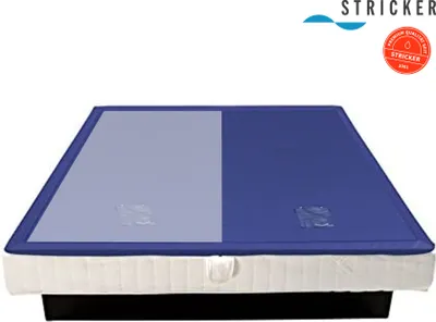 A close-up studio shot of a bed base or mattress foundation, featuring a split color design on its top surface and a white quilted side.