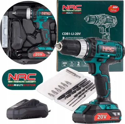 Obrázok produktu pre Akumulátorová vŕtacia skrutkovačka NAC 20 V, akumulátor 2 Ah, nabíjačka, 6 bitov, 8 vrtákov