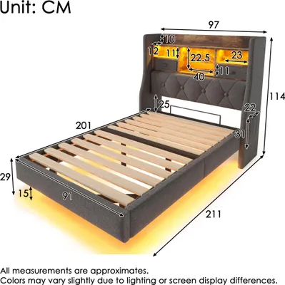 Produktbild von Polsterbett 90 x 200 cm Schwebebett mit LED, Kopfteil, Ladestation, 1 Type-C, 3 USB, Stauraum-Kopfteil, Leinen, Grau