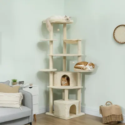 Produktbild von Kratzbaum Beige 200 cm hoch 59x59 cm mit Hängematte 7 cm Sisalstämmen für 2-3 Katzen