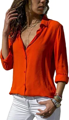Image de ASKSA Chemisier Femme Mousseline Elégant Hauts Manches Longues Unicolore Col en V Chemise Libre, Orange, XXL