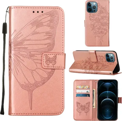 Immagine prodotto di custodia per iPhone 12 Pro Max, Custodia in pelle Flip Butterfly Relief con slot per carte e supporto per iPhone 12 Pro Max Oro Rosa