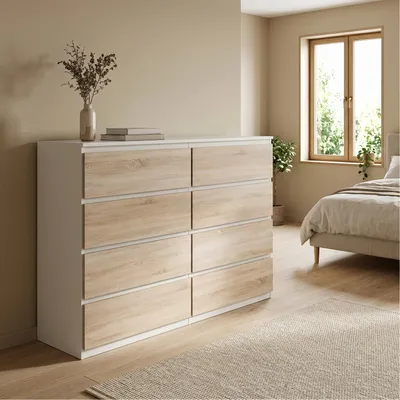 Produktbild von Masseno Kommode NUDO 120 cm Sideboard mit 8 Schubladen und Türen für Wohnzimmer Schlafzimmer Modern 120x39x101,5 cm Weiß / Sonoma Eiche