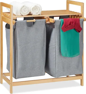 Produktbild von Relaxdays Wäschekorb mit Ablage, 2 Fächer, 2x 30 l Wäschesäcke, Bambus Ausziehwäschekorb HBT 73 x 64 x 33 cm, natur/grau
