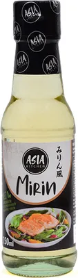 A bottle of Mirin sauce from Asia Kitchen, with a picture of salmon and salad on the label.