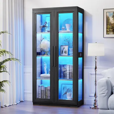 Produktbild von BROTTAR Curio-Schrank mit transparenten Glastüren, stabiler Glasscheibenschrank mit schwarzem Rahmen, platzsparend & dekorativ