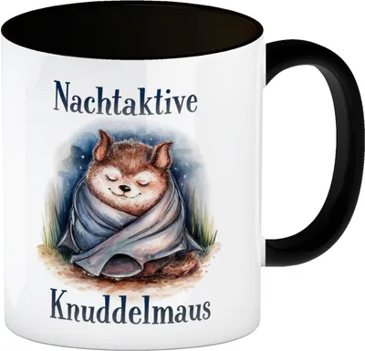 Produktbild von Nachtaktive Knuddelmaus Kaffeebecher in schwarz Kuschelige Fledermaus