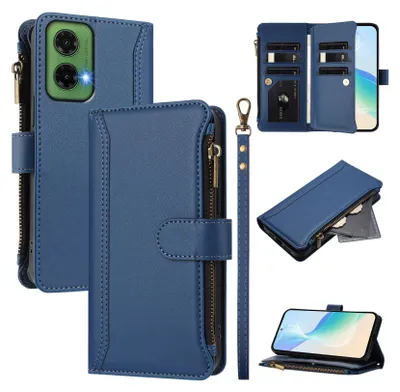 A collage of images showcasing a dark blue leather phone case with a zipper wallet and card slots.