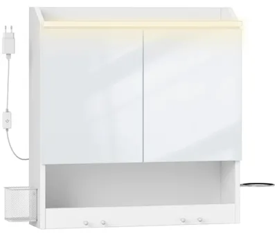 Image de Armoire de salle de bain avec miroir - Armoire à miroir - 3 portes - Étagères réglables - Bois - 15 x 70 x 78,8 cm - Blanc