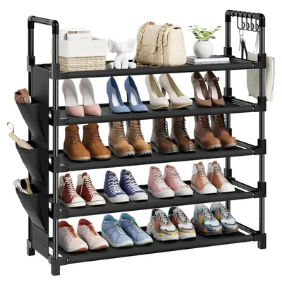 Image de Étagère à chaussures en métal, 5 niveaux, noire, avec crochets et poches latérales, pour 20-25 paires