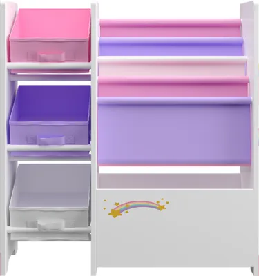 Produktbild von Kinderregal ‘Vimianzo’ mit 5 Fächern und 3 Faltboxen Einhorn-Motiv 60 x 65 x 30 cm