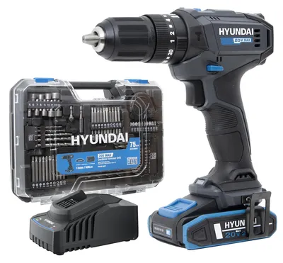 Produktbild von HYUNDAI Akku-Schlagbohrschrauber 20V, 50 Nm – Set inkl. Akku, Ladegerät & 75-teiligem Zubehör – mit Metallgetriebe & 13 mm Bohrfutter – sofort einsatzbereit für Holz, Metall & Beton