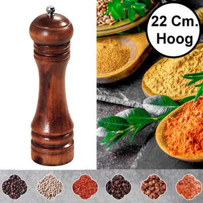 Productafbeelding van Pepermolen Rubberhout - Ø5.6 Hoogte: 22 Cm - Zoutmolen en kruidenmolen - Peper / Zout / Kruiden molen - Keramisch maalwerk - 22 Cm