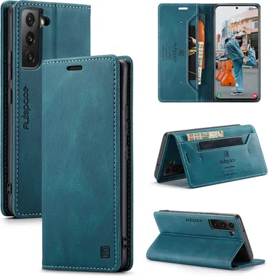 Produktbild von Galaxy S22 5G Brieftasche Hülle, Retro Kunstledertasche Stand Schutzhülle für Samsung Galaxy S22 5G Blau