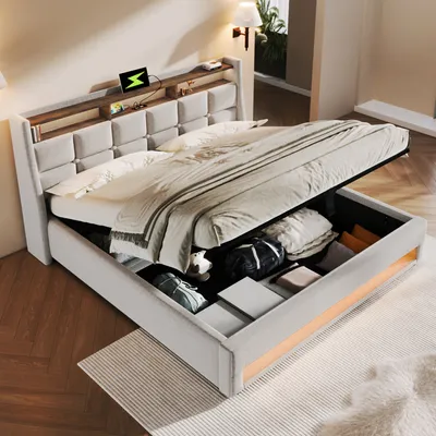 Produktbild von Flieks Čalouněná postel 140x200 cm s USB, postel pro mladé Manželská postel s roštovým rámem a úložným prostorem, úložná postel s LED diodou, povlečení, béžová barva