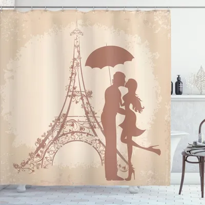 Immagine prodotto di ABAKUHAUS Tenda da doccia con ragazze con ombrelli, coppie che si baciano con la Torre Eiffel sullo sfondo, 175 x 200 cm, cioccolato e senape chiara