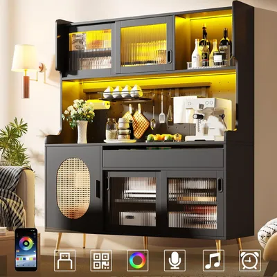 Produktbild von Moderner Buffetschrank 145x39x171cm im Landhausstil mit LED Lichtleiste und Ordnungslockplatte Küchenschrank 5 Türen mit Fluted Glas Schwarz