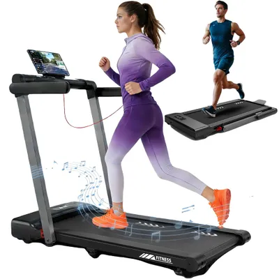 Immagine prodotto di Tapis roulant pieghevole, motore da 2,5 CV, velocità fino a 12 km/h, 12 programmi, altoparlante Bluetooth, cardiofrequenzimetro portatile