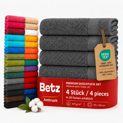 Produktbild von Betz 4 Stück Strandtücher Duschtücher Set Größe 70x140 cm Duschhandtuch Badetuch Strandtuch Handtuch Premium 100% Baumwolle Farbe Anthrazit, KI-generiertes Bild