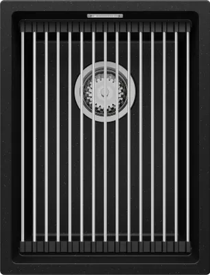 Produktbild von PRIMAGRAN Unterbauspüle Granit Schwarz Metallic 36x47cm, Spülbecken 1 Becken + Ablauf-Set + Aufrollbare Abtropffläche, Granitspüle ab 40er Unterschrank - Praga