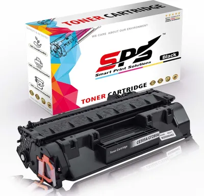 A black toner cartridge is shown in front of its packaging box.