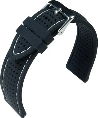 Produktbild von Eulit Silikon Uhrenarmband weiße Naht schwarz Lochmuster Wasserfest, Stegbreite:20mm, Schließe:Silbern