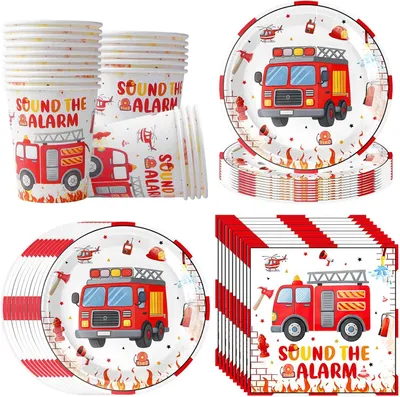 Produktbild von Partygeschirr Set Feuerwehr, 20-teilig, Pappgeschirr für Kindergeburtstag