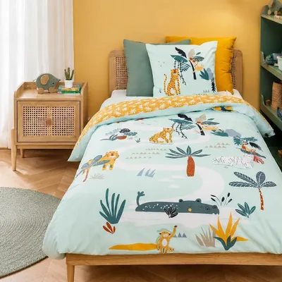 Zdjęcie produktu dla Komplet pościelowy dla dzieci, 140x200 cm - 100% bawełna - Motyw: zwierzęta dżungli - Dwustronny - Zielony