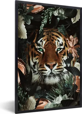 Produktbild von MuchoWow® MuchoWow® Gerahmtes Poster Tiger - Botanisch - Blumen 40x60 cm - Poster mit zchwarzem Bilderrahmen - Papierdruck - Wandbilder