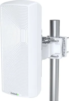 A white outdoor antenna mounted on a silver pole.