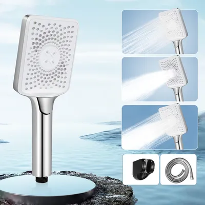 A shower head is displayed on a stand, with multiple inset images showing different spray patterns and accessories.