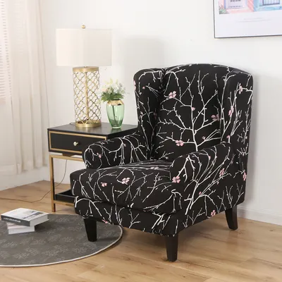 Produktbild von 2-teilig Jacquard Ohrensesselbezug Elastic Universal Stretch Sofabezüge Ohrensesselbezüge Mit Abnehmbaren Armen Schonbezüge Möbelprotektor (Schwarze Blumen,Wing Chair)