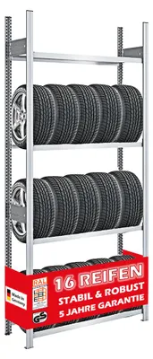 Produktbild von Reifenregal TIRE PRO  Germany | Grundregal |  HxBxT 250x100x43cm | 150kg Fachlast | bis zu 16 Reifen auf 4 Ebenen | Verzinkt