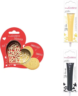 Produktbild von Herz-Relief-Keks-Set + 2 Stifte in Pastellgelb und Zartbitterschokolade