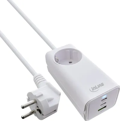 Produktbild von InLine USB Netzteil, GaN Ladegerät, 2x USB-C, 1x USB-A, mit Schutzkontaktbuchse, Drinnen, AC, 20 V, 1,5 m, Weiß