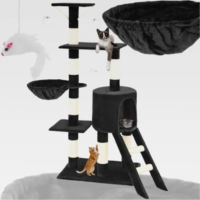 Produktbild von Kratzbaum für Katzen - Mittelgroß Mit Sisalstangen, Höhle und Treppe - Katzenhaus 144 cm Hoch - Kletterbaum und Spielbaum - Schwarz
