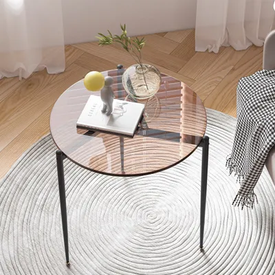 Produktbild von WISFOR Couchtisch mit Eisengestell Ø50 rund Glastisch, Sofatisch aus robustes Hartglas, Wohnzimmertisch dekorativ, Sinn für Design, Braun