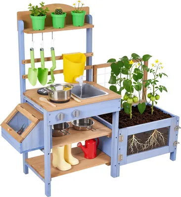 Immagine prodotto di Cucina da gioco in legno - Cucina da gioco per bambini Per giardino e prato - Con fioriera - Serbatoio dell'acqua e lavello - Incl. pentole e accessori - Dai 3 anni in su - 106x37x99,5 cm