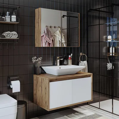 Produktbild von Roomart ATLANTIC-85 Badmöbel-Set 3-teilig 85 cm breit, Weiß-Eiche